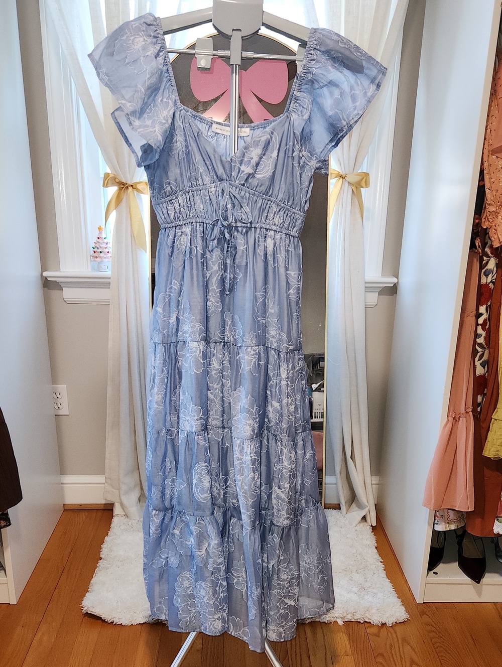 Altar'd State Light Blue Floral Maxi Dress with Ruffle Sleeves
